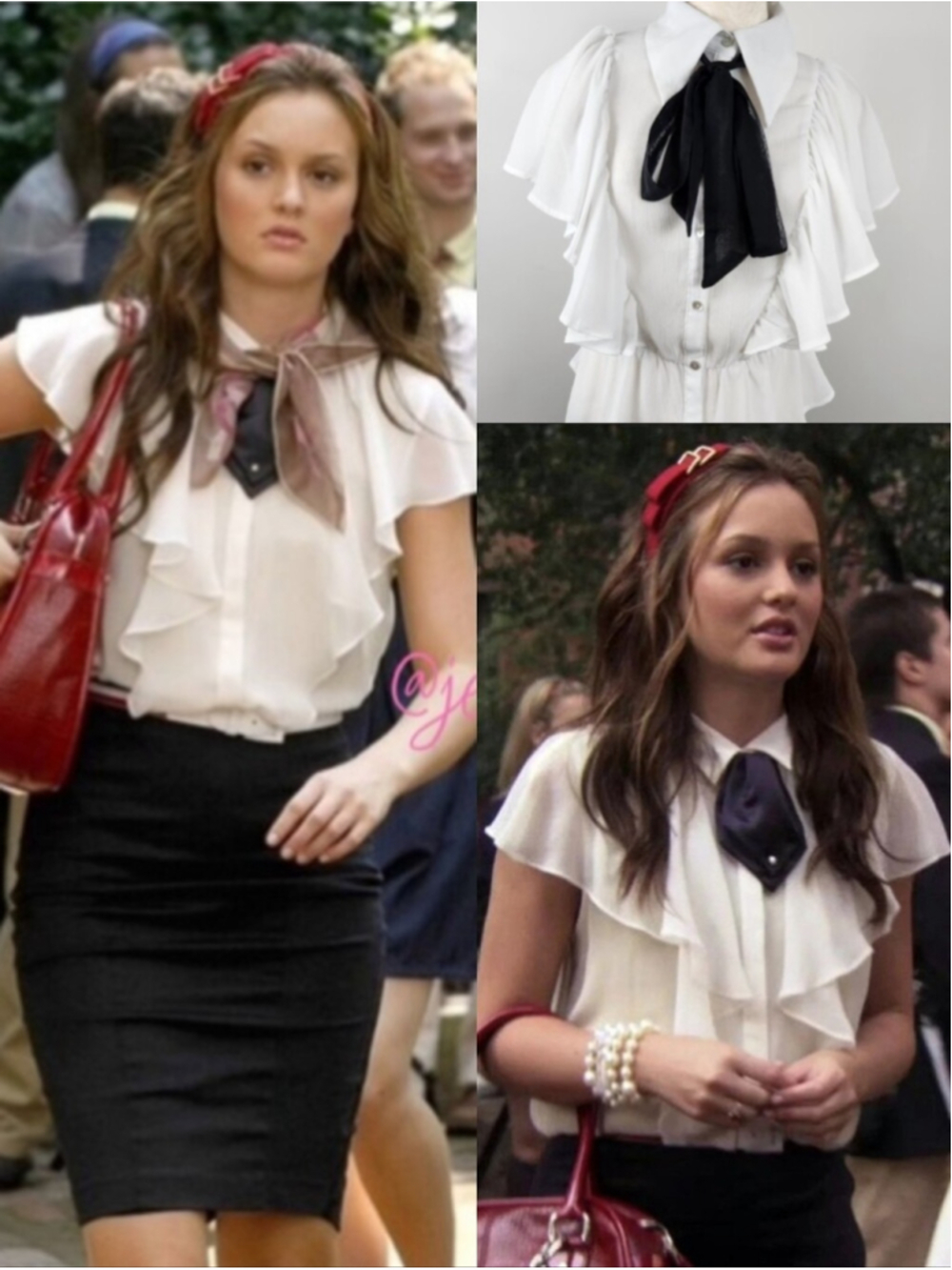 🆕 ASO Blair Waldorf ALT White Ruffle Too Black Bow Tie Scarf Preppy Old Money